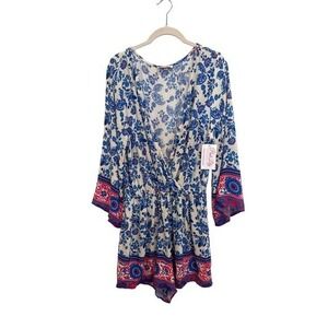 Bo Bel Romper Floral Print Bell ‎ Sleeve Bohemian Festival Outfit Large